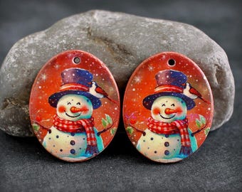 Polymer clay earring components. Pair  Earring charms. Christmas Snowman. Transferred image, lightweight. Made to Order.