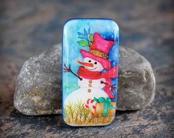 Sweet Snowman.  Polymer clay and resin Cabochon. Transferred image. Bead embroidery cabs. Lightweight. Made to Order. 1 x 2 inches.