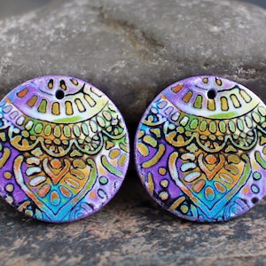 Polymer clay earring components.  Pair of graphic polyclay charms.  Transferred image, original art, light weight, colorful. Made to Order.