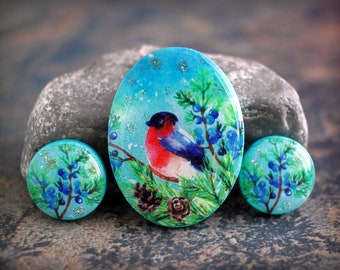 Birds and flowers. Polymer clay and resin Oval Cabochon Set. Transferred image. Bead embroidery cabs. Made to Order 30 x 40 mm Christmas set