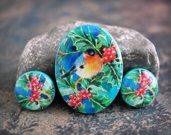 Birds and flowers. Polymer clay and resin Oval Cabochon Set. Transferred image. Bead embroidery cabs. Made to Order 30 x 40 mm Christmas set