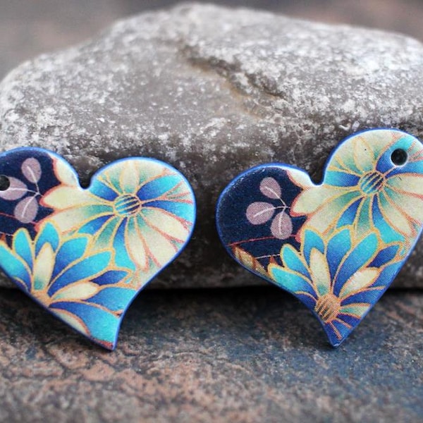 Polymer clay handmade earring components. Pair.    Heart beads. Transferred image, light weight clay charms. Colorful. Made to Order.