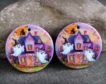 Polymer clay earring components. Pair of Earring charms. Halloween charms. Transferred image, lightweight. Made to Order. Ghost beads.
