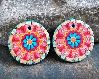 Polymer clay handmade earring components.  Pair.   Transferred image, light weight clay charms. Colorful. Made to Order.