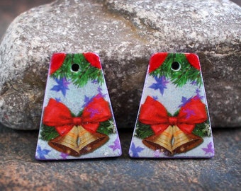 Polymer clay earring components. Pair  Earring charms. Christmas bells. Transferred image, light weight . Made to Order.