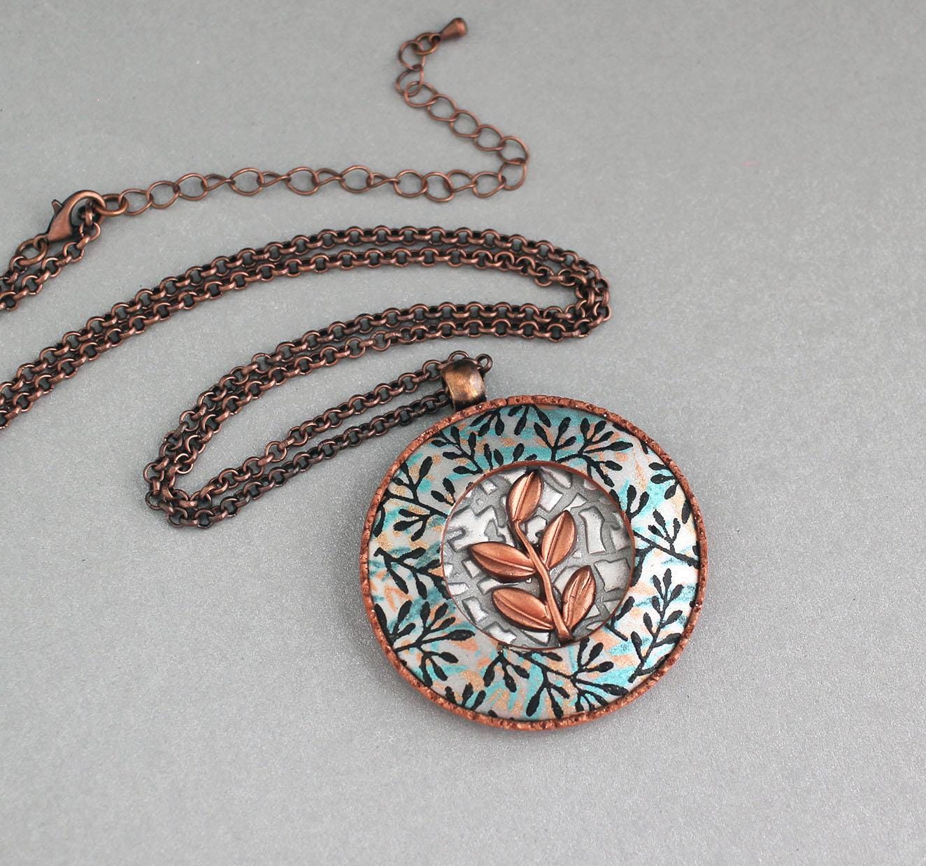 Leaves branch contemporary art pendant necklace. Botanical polymer clay pendant. Modern jewelry. Bohemian style pendant. Clay and copper.