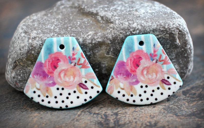 Polymer clay handmade earring components. Pair. Transferred image, light weight clay charms. Colorful. Made to Order. Flower beads Floral image 1