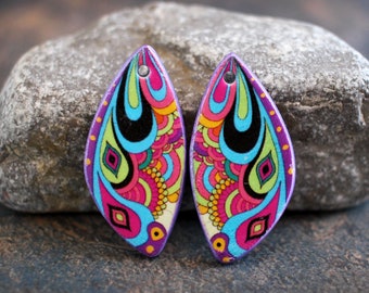 Polymer clay handmade earring components. Pair.  Transferred image, light weight clay charms. Colorful. Made to Order.