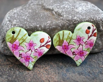 Polymer clay handmade earring components. Pair.    Heart beads. Transferred image, light weight clay charms. Colorful. Made to Order.