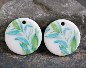 Polymer clay handmade earring pair. Boho style components.  Glazed ceramic look. Light weight clay charms. Made to Order. Watercolor leaves