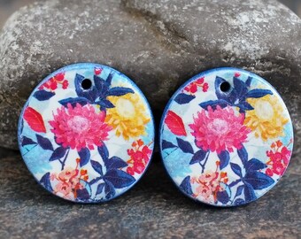 Polymer clay handmade earring components.  Pair.   Transferred image, light weight clay charms. Colorful. Made to Order.