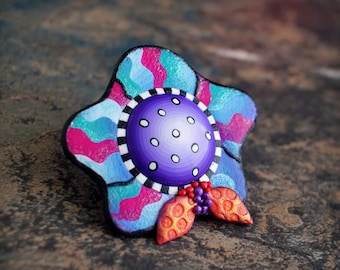 Polymer clay Abstract Flower Brooch. Funky flower clay brooch. Colorful botanical pin. Artsy brooch. Art pin. Fun brooch.