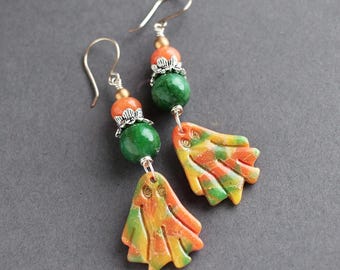 Happy Ghost artisan earrings. One of a kind polymer clay dangle earrings. Marbled clay and stones design, colorful Lightweight earrings.
