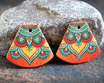 Polymer clay handmade earring components.   Pair.  Transferred image, light weight clay charms. Colorful. Made to Order.