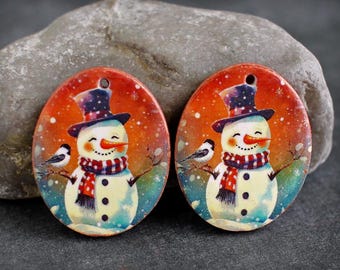 Polymer clay earring components. Pair  Earring charms. Christmas Snowman. Transferred image, lightweight. Made to Order.