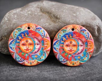 Polymer clay earring components. Graphic earring pair charms. Transferred image, light weight, colorful. Made to Order. Sun and Moon Mandala