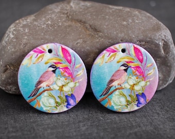 Polymer clay earring components.  Pair of graphic polyclay charms.  Transferred image, light weight, colorful. Made to Order. Birds charms.