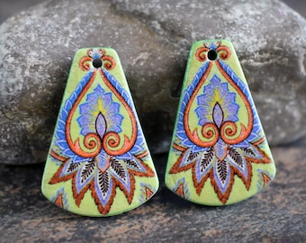 Polymer clay handmade earring components. Pair.    Transferred image, light weight clay charms. Colorful. Made to Order.