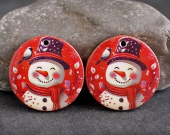 Polymer clay earring components. Pair  Earring charms. Christmas Snowman. Transferred image, lightweight. Made to Order.