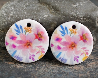 Polymer clay handmade earring pair. Boho style components.  Glazed ceramic look. Light weight clay charms. Made to Order. Watercolor flowers