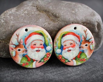 Polymer clay earring components. Pair of earring charms. Santa and reindeer. Transferred image, lightweight. Made to Order.