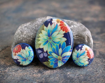 Japanese Flowers. Polymer clay and resin Oval Cabochon Set. Transferred image. Bead embroidery cabs. Made to Order 30 x 40 mm Blue flowers