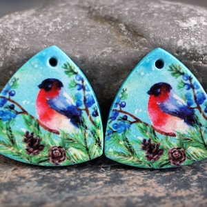 May include: Two wooden, triangular pendants with a painted winter scene. Each pendant features a red-breasted bird perched on a branch with blue berries and pine cones against a light blue background. A small hole is at the top of each pendant.