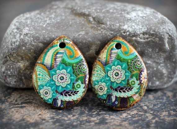Polymer clay handmade earring components.  Pair.  Glazed ceramic style, antiqued finish. Light weight clay charms. Made to Order. Birds.