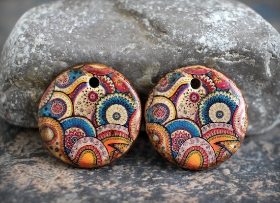 Polymer clay handmade earring components.  Pair.  Glazed ceramic style, antiqued finish. Light weight clay charms. Made to Order. Birds.