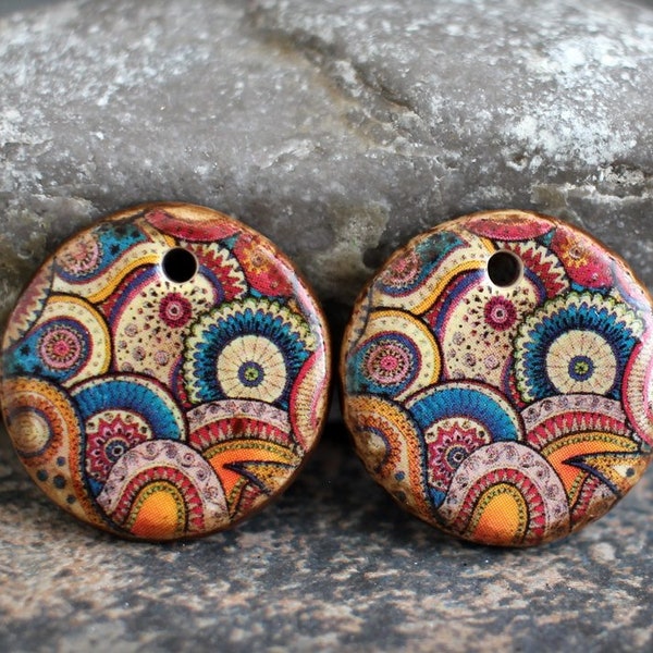 Polymer clay handmade earring components.  Pair.  Glazed ceramic style, antiqued finish. Light weight clay charms. Made to Order. Birds.