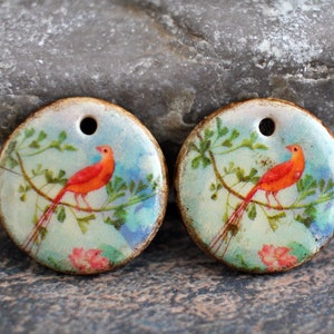 Polymer clay handmade earring components.  Pair.  Glazed ceramic style, antiqued finish. Light weight clay charms. Made to Order. Birds.