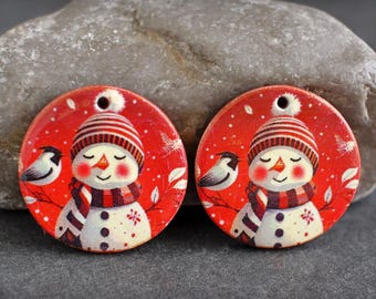 Polymer clay earring components. Pair  Earring charms. Christmas Snowman. Transferred image, lightweight. Made to Order.