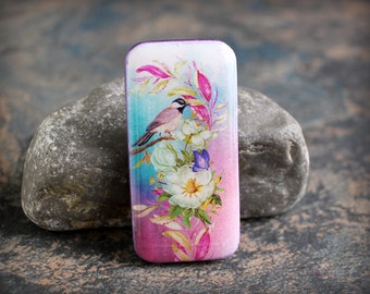 Bird and flowers.  Polymer clay and resin Cabochon. Transferred image. Bead embroidery cabs. Lightweight. Made to Order. 1 x 2 inches. Plum.