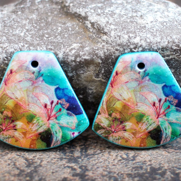 Polymer Clay handgefertigte Ohrring Komponenten.   Paar. Übertragen Bild, leichte Ton Charme. Bunt. Auf Bestellung. Blumen Perlen. Blumen