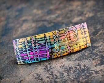 Fun and colorful polymer clay hair barrette. Lightweight artisan hair clip.  Textured  finish 78mm length, hair clip 60mm. Mokume gane art.