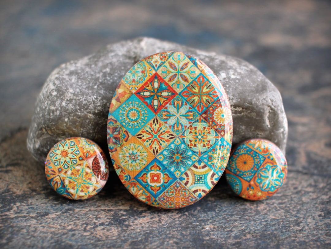Colorful Tiles. Polymer Clay and Resin Oval Cabochon Set. Transferred ...