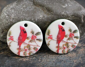 Polymer clay handmade earring pair. Boho style components.  Glazed ceramic look. Light weight clay charms. Made to Order. Birds Red Cardinal
