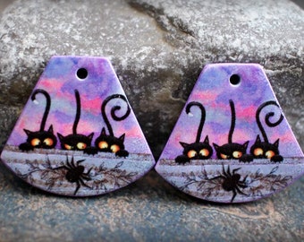 Polymer clay earring components. Pair  of Earring charms. Halloween charms. Transferred image, light weight. Made to Order. Cats and spider