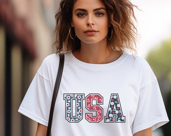 4th of July Women's USA t-shirt,Patriotic t-shirt,Independence day celebration t-shirt,Floral design women's t-shirt,American pride t-shirt.