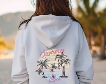 Retro Summer Vibes Women's Hooded Sweatshirt,Women's beach hoodie,Cozy tropical stylish women's hoodie,Coastal palm tree hooded sweatshirt.