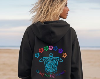 Women's Beachy Hooded Sweatshirt,women's beach hoodie,vibrant hibiscus flowers turtle sweatshirt,Cozy women's flower beach hoodie sweatshirt