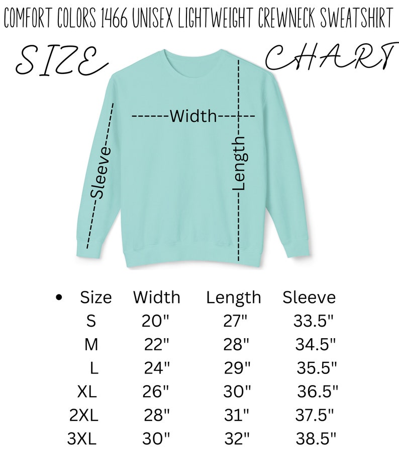 May include: Size chart for a unisex lightweight crewneck sweatshirt. The chart shows the width, length, and sleeve length in inches for sizes S through 3XL.