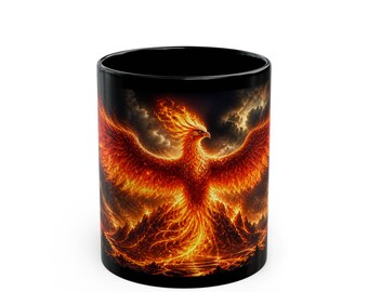 Flaming Phoenix Rising mok, zwarte keramische koffiemok 11/15oz