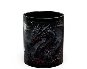 Zwarte mok Dark Dragon with Red Eyes, keramische fantasiebeker 11/15oz