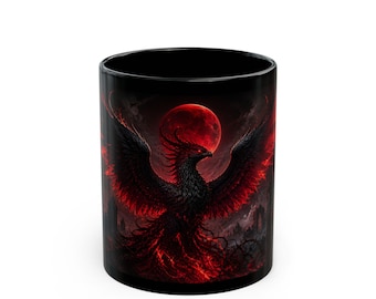 Crimson Phoenix Rising-mok, zwarte keramische koffiekop 11/15 oz