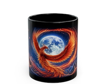 Mok Phoenix in Sky, zwarte keramische koffiekop, maanverlicht fantasieontwerp 11/15oz
