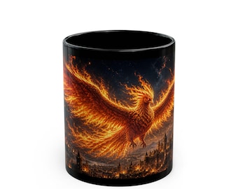 Fiery Phoenix in the Sky-mok, zwarte keramische koffiekop 11/15 oz