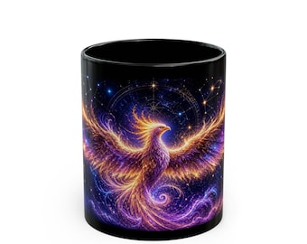 Cosmic Phoenix-mok, zwarte koffiekop, Celestial Firebird-kunstwerk, 11/15 oz