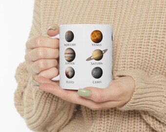 Solar System Planets Mug | Ceramic Coffee Cup with Planet Labels 11/15oz