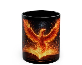 Phoenix Rising from the Book Mok, zwarte keramische koffiekop 11/15oz